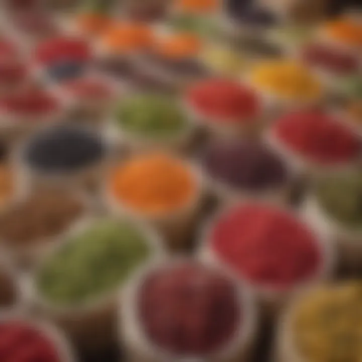 A market scene displaying various types of isot pepper paste available for sale.