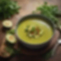 A bowl of vibrant zucchini soup garnished with herbs and spices