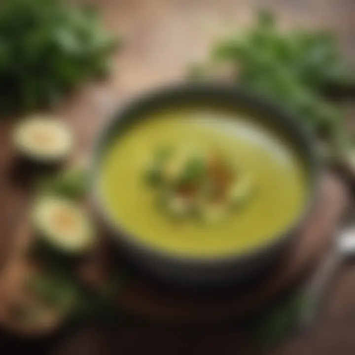 A bowl of vibrant zucchini soup garnished with herbs and spices