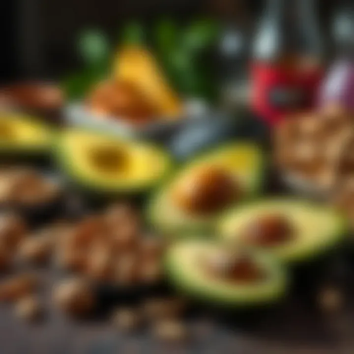 Beneficial Fats for Gut Wellness A selection of healthy fats like avocados and nuts