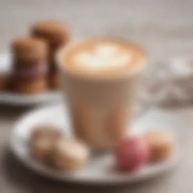 An elegant coffee setup featuring a latte and a macaroon assortment arranged artistically