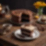 A beautifully crafted cup of coffee paired with a slice of rich chocolate cake on a wooden table