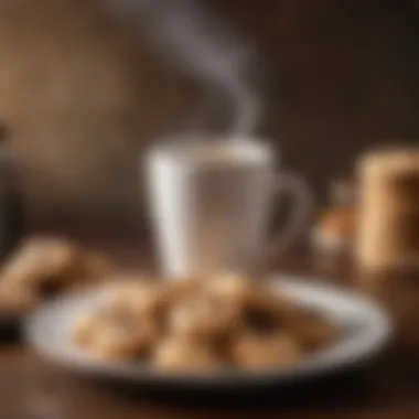 A close-up of steaming coffee being poured over freshly baked cookies on a stylish plate