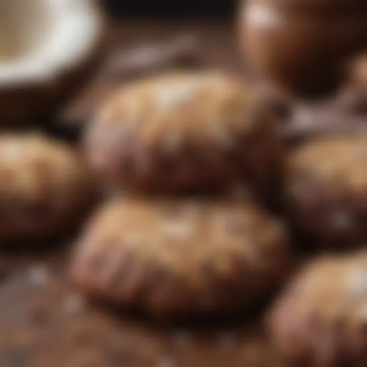 A close-up of chocolate coconut cookies showcasing their texture