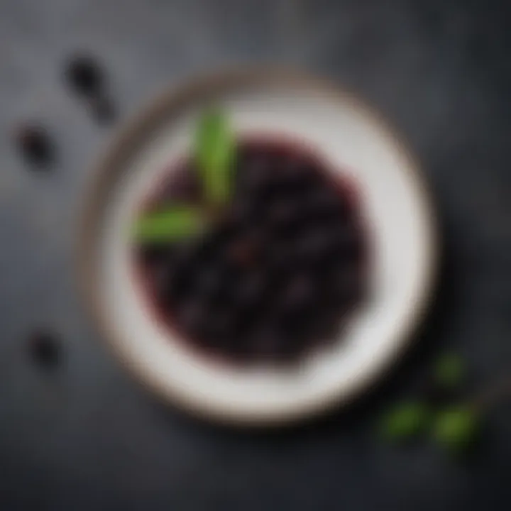 A beautifully plated dessert featuring black mulberries