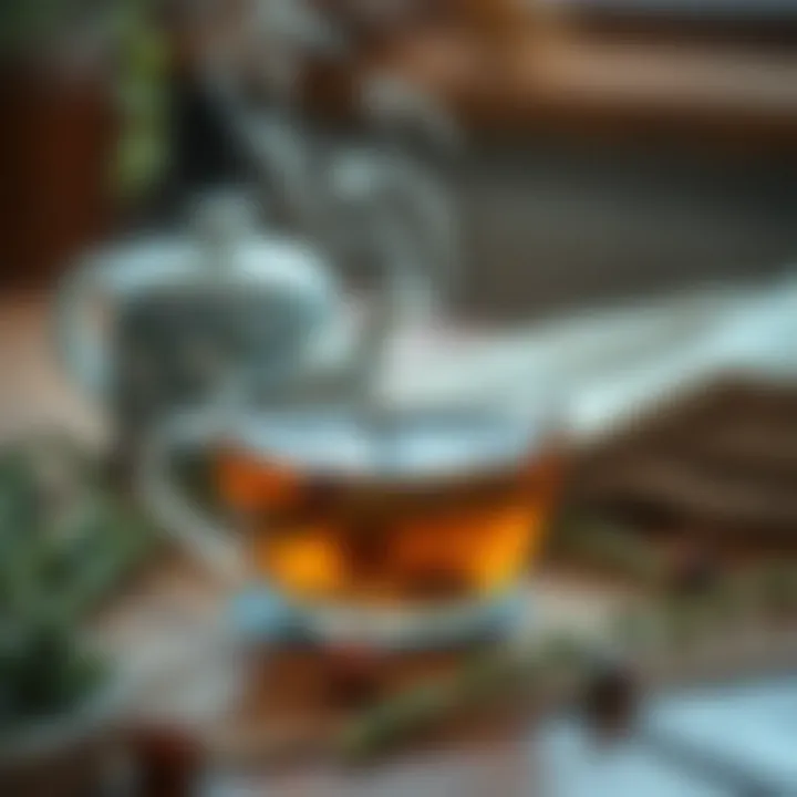 A steaming cup of thyme tea on a wooden table