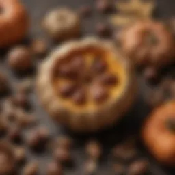 A detailed comparison of chestnut husk and pumpkin, highlighting their textures and colors.