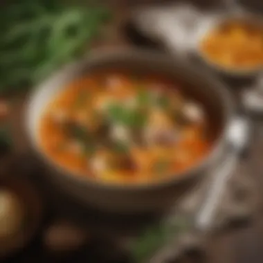 A warm bowl of hearty winter soup garnished with fresh herbs