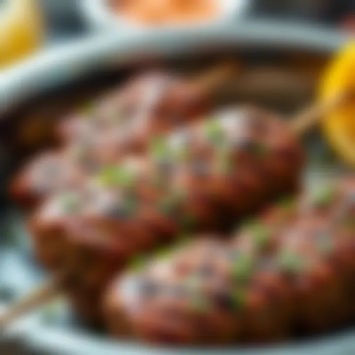 A close-up of freshly grilled kofte garnished with herbs