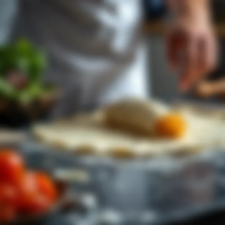 A close-up of lasagna dough being flattened