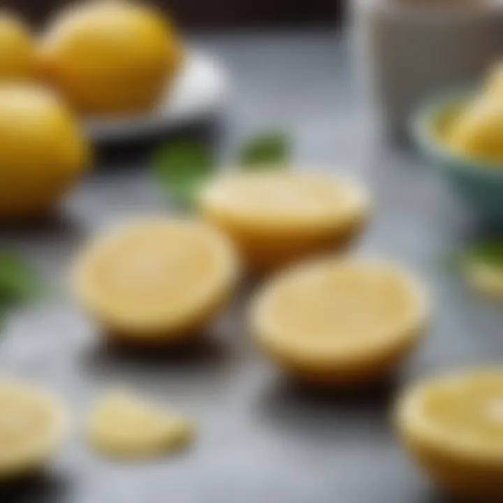 Sliced lemon halves revealing juicy interiors, placed on a kitchen counter