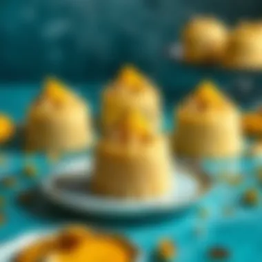 Elegant Display of Lotus Semolina Halva A vibrant presentation of Lotus semolina halva garnished with lotus biscuits and pistachios.