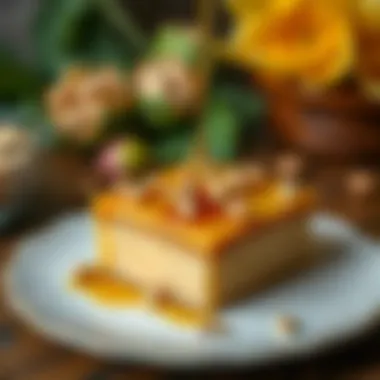 Artistic Styling of Lotus Semolina Halva A beautifully styled plate of Lotus semolina halva with a drizzle of syrup and crushed nuts.