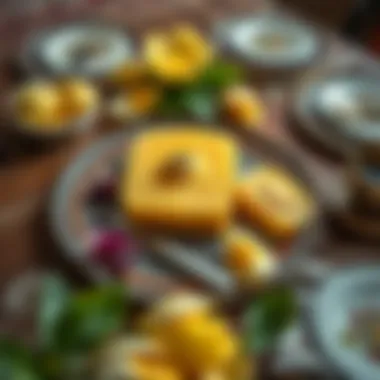Traditional Turkish Table with Lotus Semolina Halva An overhead shot of Lotus semolina halva served on a traditional Turkish table setting.