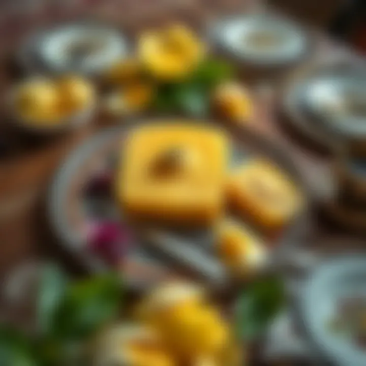 Traditional Turkish Table with Lotus Semolina Halva An overhead shot of Lotus semolina halva served on a traditional Turkish table setting.
