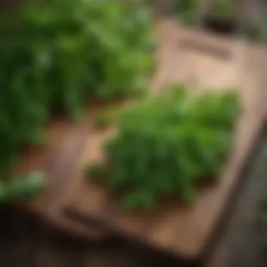 Fresh parsley sprigs on a wooden board, showcasing vibrant green leaves