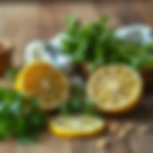 Fresh parsley and lemon on a wooden table