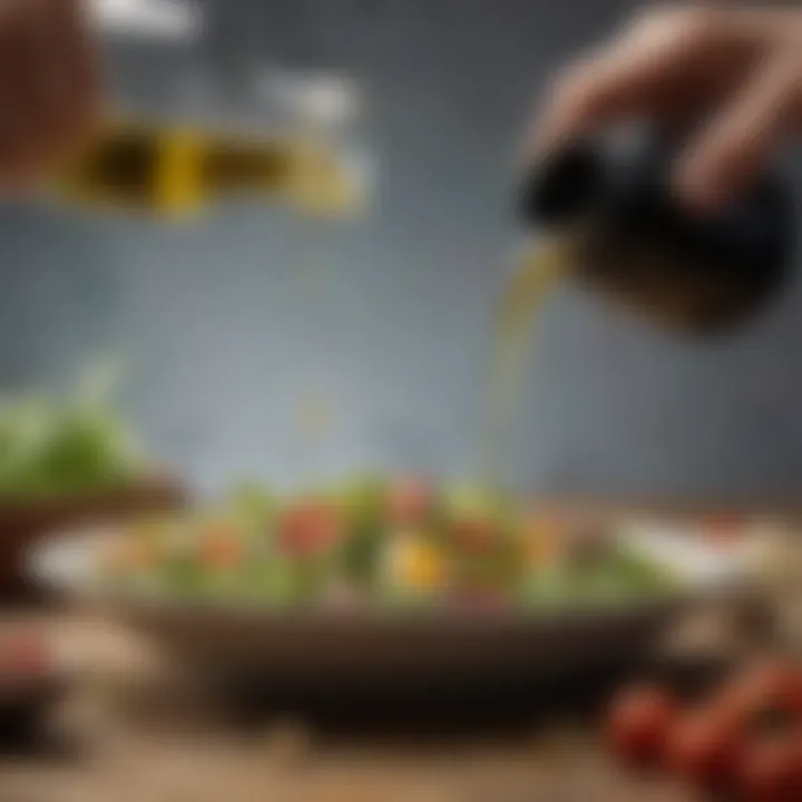 A close-up of a hand pouring natural oil onto a salad