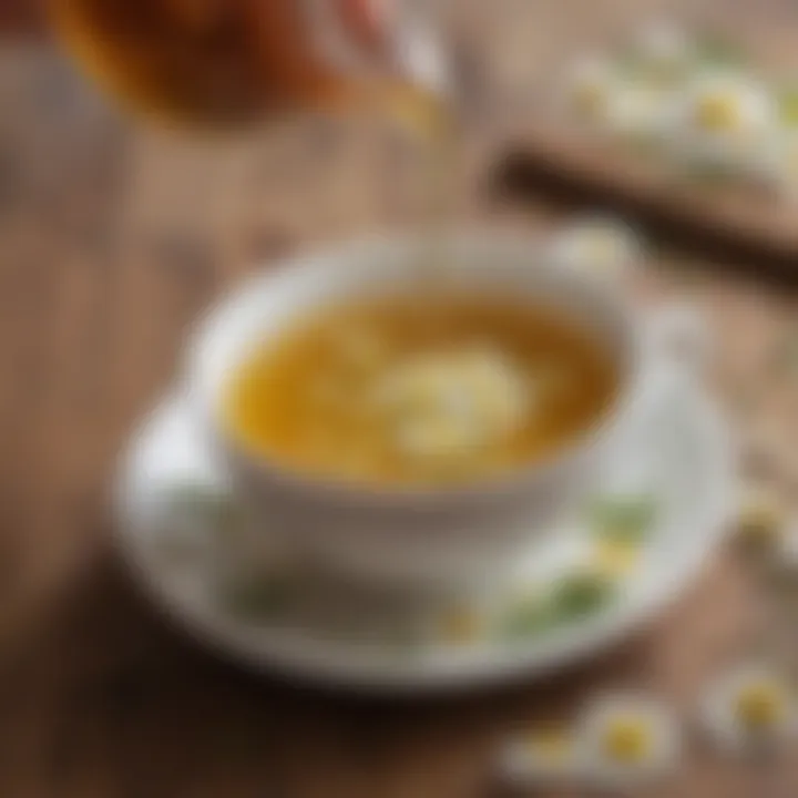 A close-up of chamomile tea being poured into a cup, highlighting its clarity.