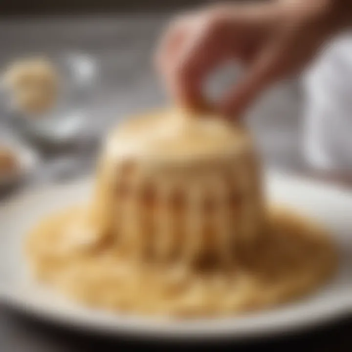 A chef's hand expertly piping pastry cream onto a dessert