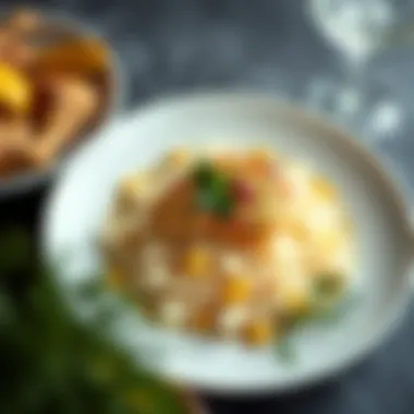 Elegant Presentation of Rice with Chicken A beautifully plated dish of rice topped with succulent chicken, garnished with herbs.