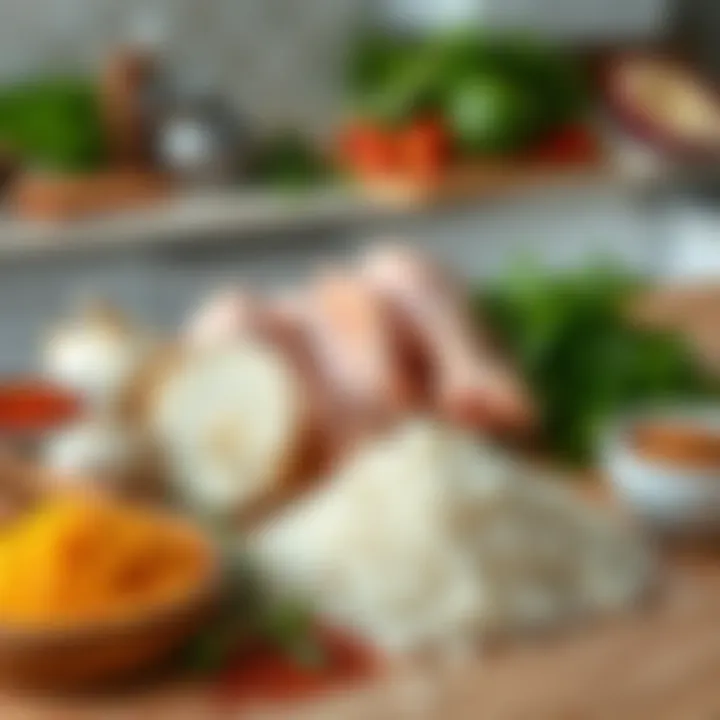 Ingredients for a Flavorful Rice and Chicken Dish Fresh ingredients including rice, chicken, and spices laid out on a kitchen countertop.