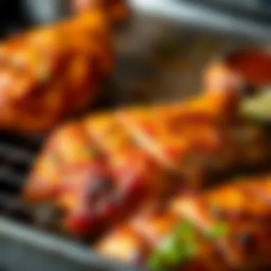 Golden Brown Chicken Cooked to Perfection A close-up of chicken being cooked to golden perfection, showcasing its crispy texture.