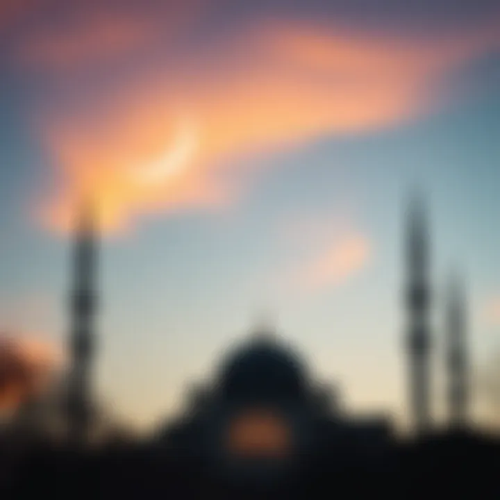 Dawn at the Mosque A serene mosque silhouette during dawn with a crescent moon