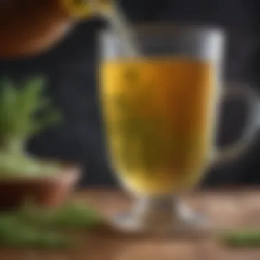 A close-up view of fennel tea being poured into a cup.