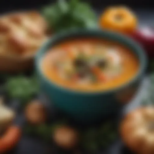 A bowl of rich vegetable soup showcasing vibrant colors and textures