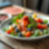 A vibrant salad drizzled with a colorful dressing