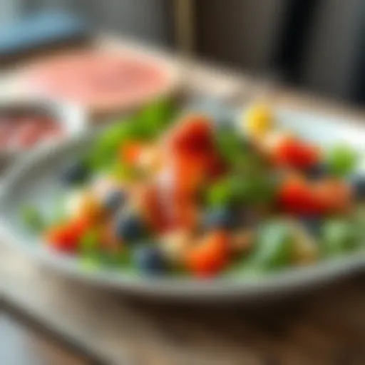 A vibrant salad drizzled with a colorful dressing