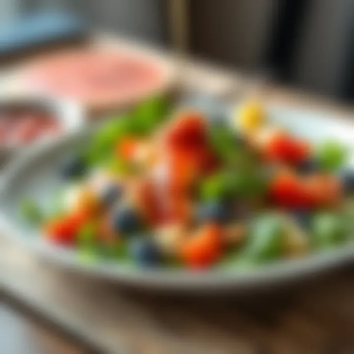 A vibrant salad drizzled with a colorful dressing