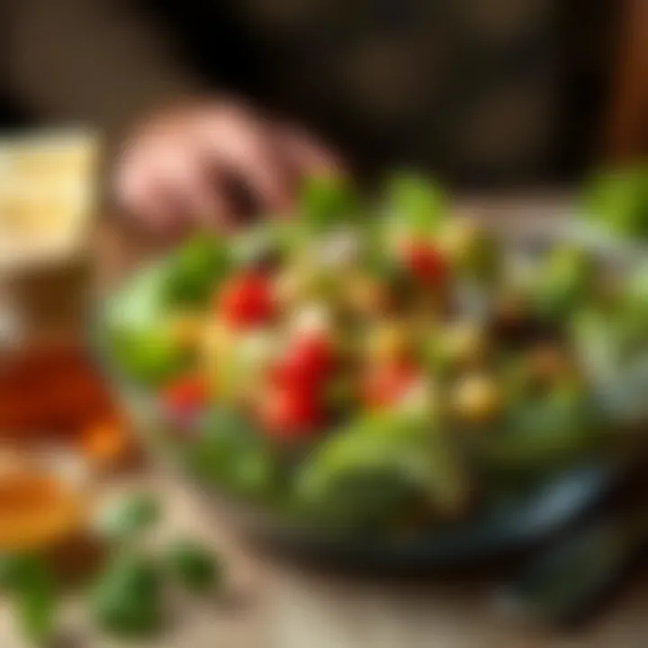 An artistic presentation of a salad bowl with various dressings