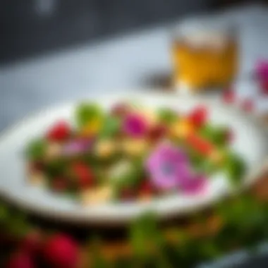 Elegant Salad with Edible Fruit Blossoms An elegant plate showcasing a salad decorated with edible fruit blossoms