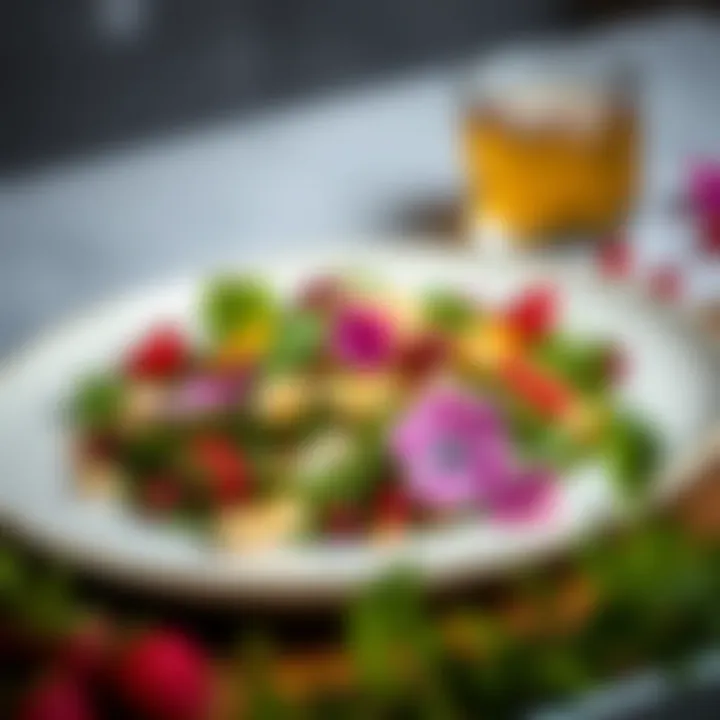 Elegant Salad with Edible Fruit Blossoms An elegant plate showcasing a salad decorated with edible fruit blossoms
