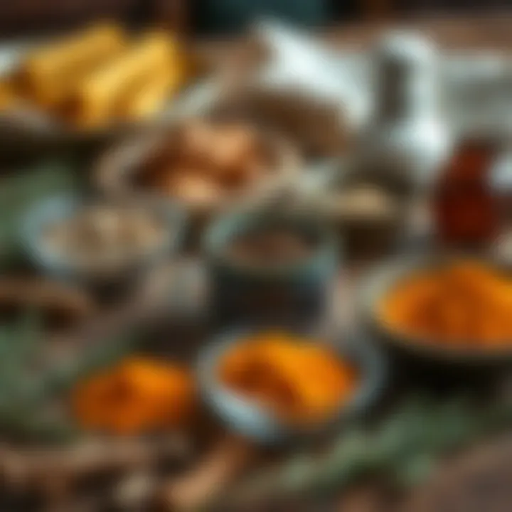 Ingredients for preparing traditional Turmeric drink laid out on a wooden table