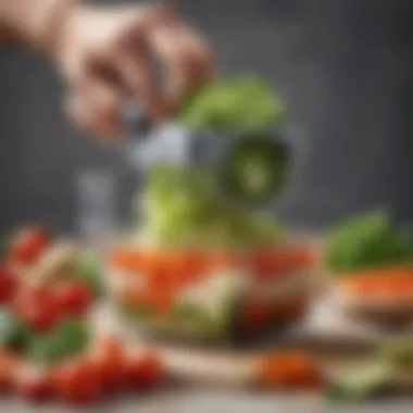 Close-up of a vegetable chopper in action with fresh vegetables