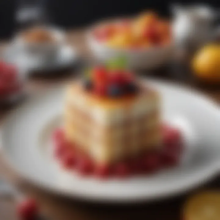 An elegant presentation of a signature syrup dessert garnished with fresh fruits.