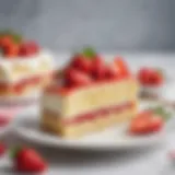 A beautifully arranged slice of strawberry lemon cake with fresh strawberries on top