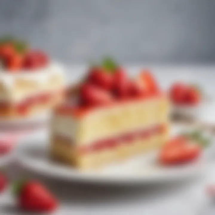 A beautifully arranged slice of strawberry lemon cake with fresh strawberries on top