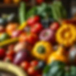 A visually appealing arrangement of seasonal fruits and vegetables showcasing variety.