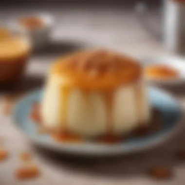 A close-up of silky smooth semolina pudding with caramel drizzle