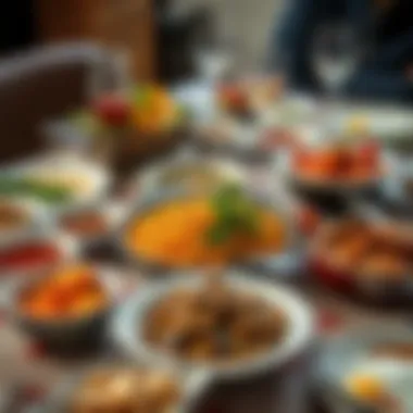 Traditional Feast Presentation An elegant table setting featuring traditional dishes including fermented beans and grilled meat