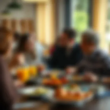 A vibrant scene of guests enjoying their breakfast with lively conversations.