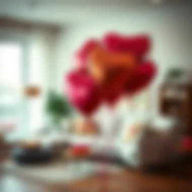 Decorative heart-shaped balloons floating in a cozy living room.