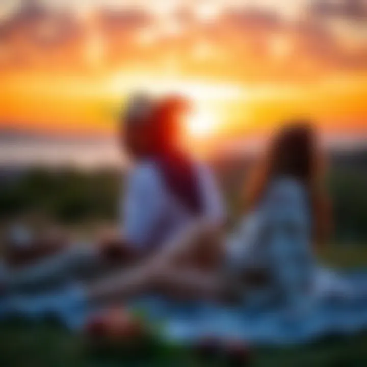 A couple enjoying a romantic sunset picnic at a scenic location.