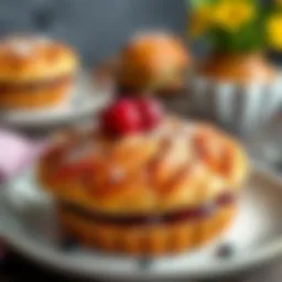 A close-up of a freshly baked visneli popkek with cherries on top