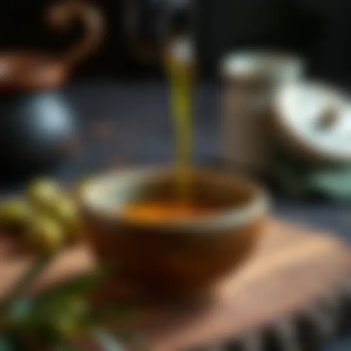 A close-up of olive oil being poured into a rustic bowl, emphasizing its rich texture.